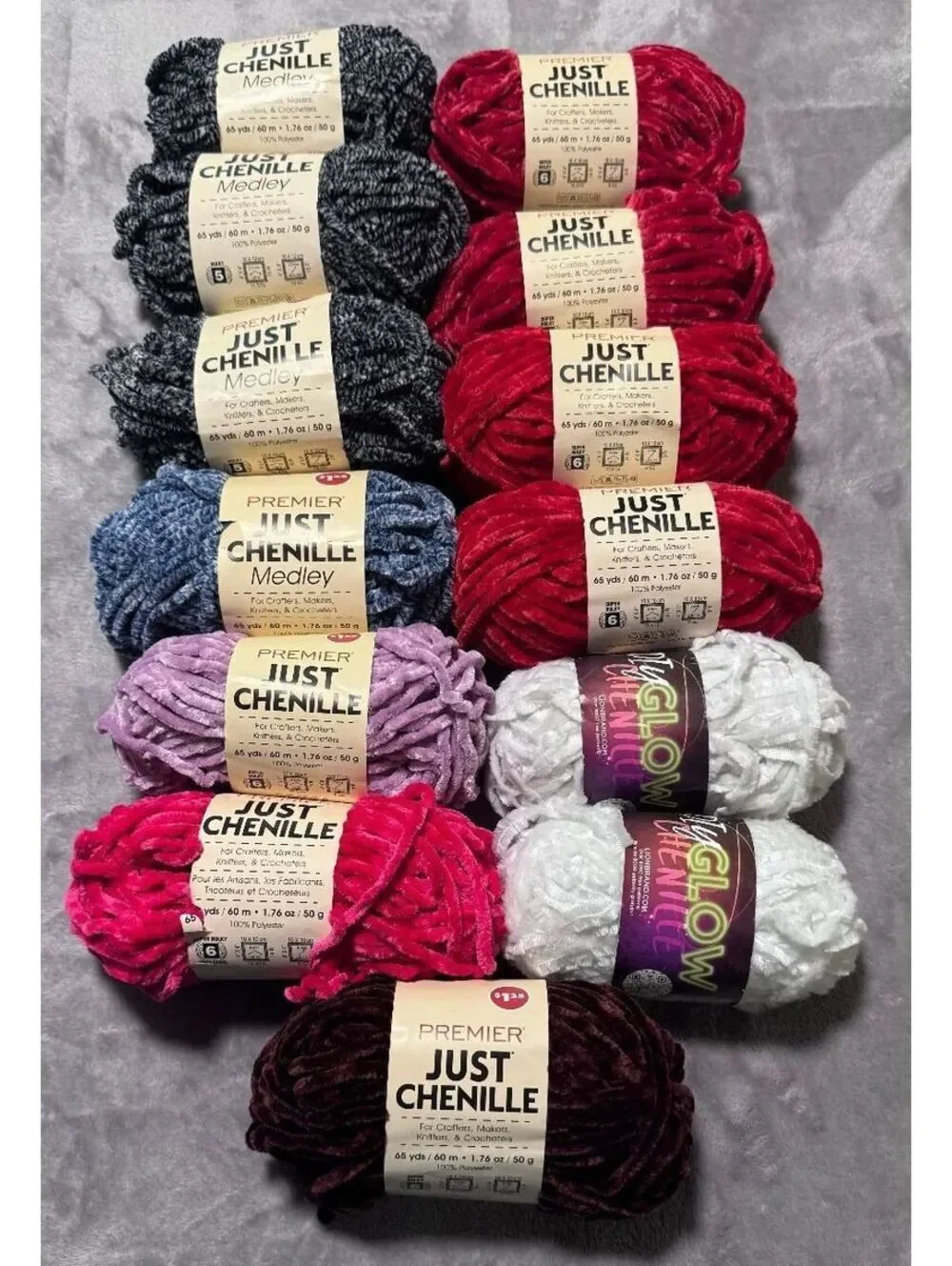 Premier Just Chenille Yarn Lot of 13 Super Bulky 1lb 10oz 714 yards.